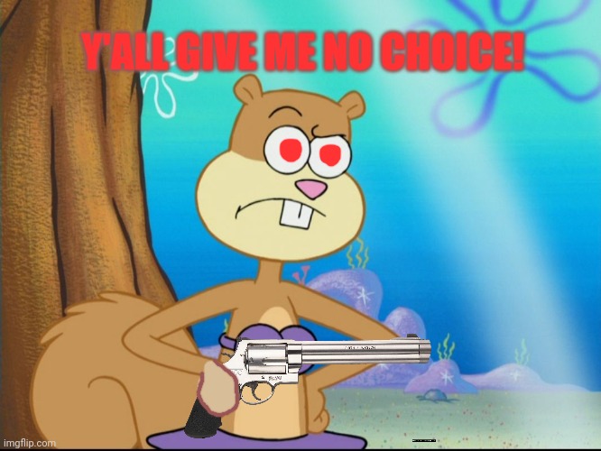 When you talk bad about Texas... | Y'ALL GIVE ME NO CHOICE! | image tagged in sandy cheeks suspicious,sandy cheeks,revolver,spongebob squarepants,dont mess with texas | made w/ Imgflip meme maker