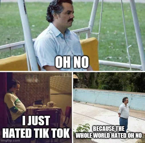 Sad Pablo Escobar Meme | OH NO I JUST HATED TIK TOK BECAUSE THE WHOLE WORLD HATED OH NO | image tagged in memes,sad pablo escobar | made w/ Imgflip meme maker