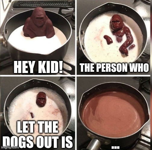 Tell mee!!! | HEY KID! THE PERSON WHO; LET THE DOGS OUT IS; ... | image tagged in hey kid i don't have much time,oh no,tell me | made w/ Imgflip meme maker