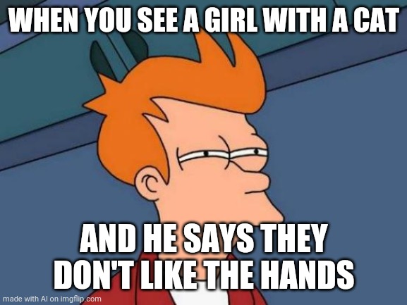 what | WHEN YOU SEE A GIRL WITH A CAT; AND HE SAYS THEY DON'T LIKE THE HANDS | image tagged in memes,futurama fry | made w/ Imgflip meme maker