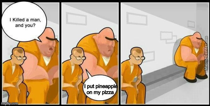put ? on ? and you will go to prison | I put pineapple on my pizza | image tagged in prisoners blank,pineapple pizza | made w/ Imgflip meme maker