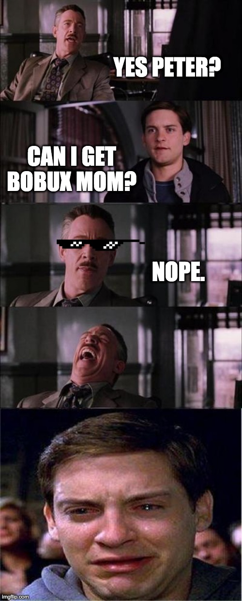 N O B O B U X | YES PETER? CAN I GET BOBUX MOM? NOPE. | image tagged in memes,peter parker cry | made w/ Imgflip meme maker