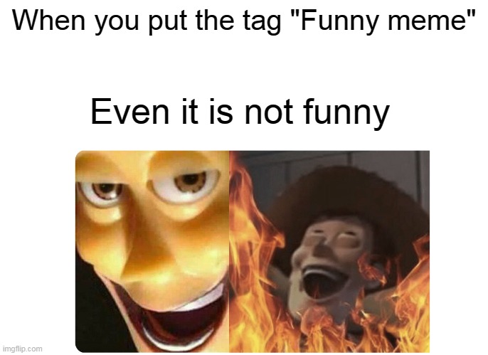 Tagging your meme "Funny memes" even it is not funny | When you put the tag "Funny meme"; Even it is not funny | image tagged in satanic woody,funny memes | made w/ Imgflip meme maker