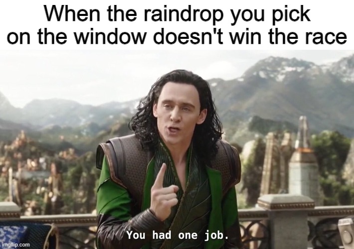 Pls say I'm not the only one who does this | When the raindrop you pick on the window doesn't win the race | image tagged in you had one job just the one | made w/ Imgflip meme maker
