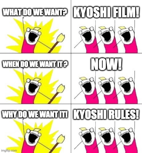 WE NEED KYOSHI FILM NOOOOWWWWWWWW | WHAT DO WE WANT? KYOSHI FILM! WHEN DO WE WANT IT ? NOW! WHY DO WE WANT IT! KYOSHI RULES! | image tagged in memes,what do we want 3 | made w/ Imgflip meme maker
