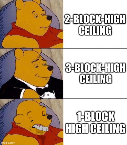 1-block-high ceiling be like | 2-BLOCK-HIGH CEILING; 3-BLOCK-HIGH CEILING; 1-BLOCK HIGH CEILING | image tagged in 1-block ceilings be like,minecraft | made w/ Imgflip meme maker