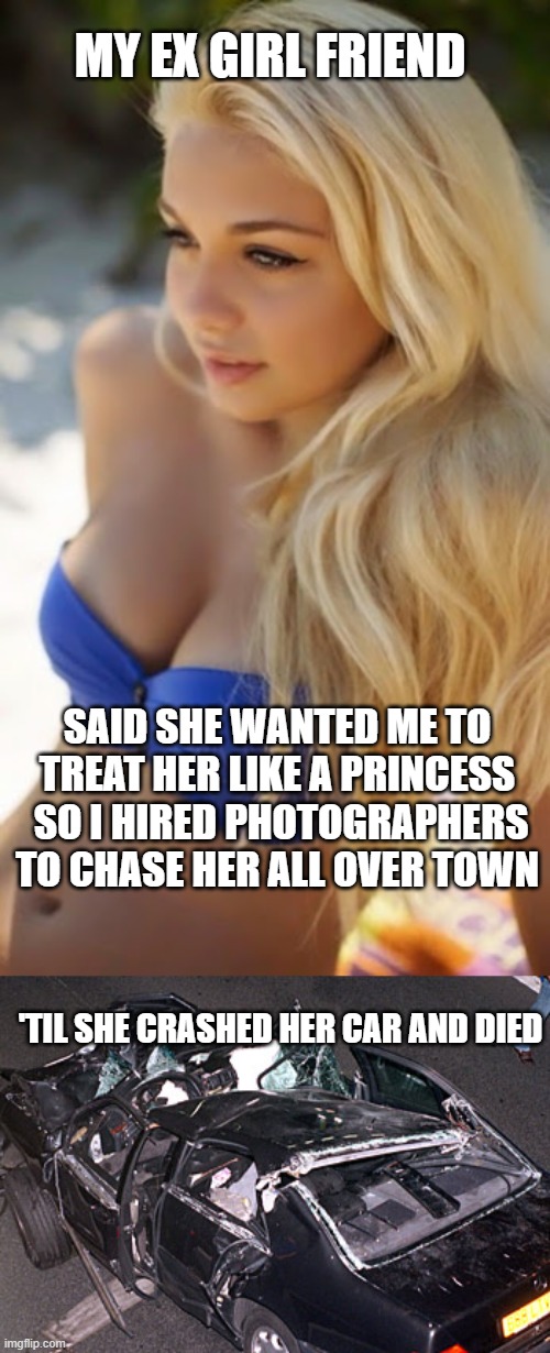 treat her like a princess | MY EX GIRL FRIEND; SAID SHE WANTED ME TO TREAT HER LIKE A PRINCESS  SO I HIRED PHOTOGRAPHERS TO CHASE HER ALL OVER TOWN; 'TIL SHE CRASHED HER CAR AND DIED | image tagged in disney princesses | made w/ Imgflip meme maker