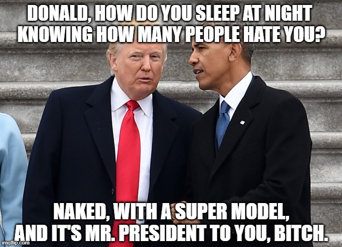 Trump & Obama | DONALD, HOW DO YOU SLEEP AT NIGHT 
KNOWING HOW MANY PEOPLE HATE YOU? NAKED, WITH A SUPER MODEL, AND IT'S MR. PRESIDENT TO YOU, BITCH. | image tagged in trump obama,political memes | made w/ Imgflip meme maker