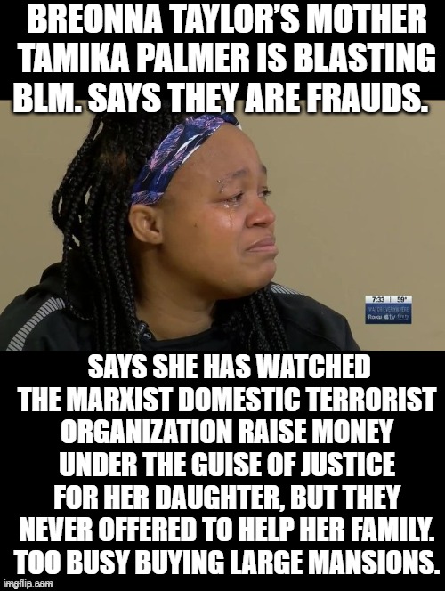 BLM is Too Busy Buying Large Mansions to actually care! | BREONNA TAYLOR’S MOTHER TAMIKA PALMER IS BLASTING BLM. SAYS THEY ARE FRAUDS. SAYS SHE HAS WATCHED THE MARXIST DOMESTIC TERRORIST ORGANIZATION RAISE MONEY UNDER THE GUISE OF JUSTICE FOR HER DAUGHTER, BUT THEY NEVER OFFERED TO HELP HER FAMILY.
TOO BUSY BUYING LARGE MANSIONS. | image tagged in blm,idiots,morons,stupid liberals,marxism | made w/ Imgflip meme maker