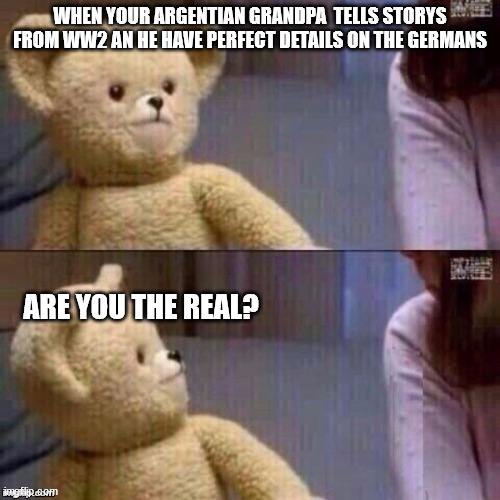 are you real one? | WHEN YOUR ARGENTIAN GRANDPA  TELLS STORYS FROM WW2 AN HE HAVE PERFECT DETAILS ON THE GERMANS; ARE YOU THE REAL? | image tagged in what teddy bear | made w/ Imgflip meme maker