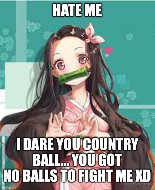 Come at me bish | HATE ME; I DARE YOU COUNTRY BALL... YOU GOT NO BALLS TO FIGHT ME XD | image tagged in nezuko loves | made w/ Imgflip meme maker