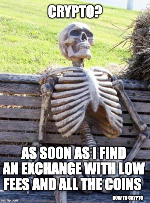 Crypto Skeleton | CRYPTO? AS SOON AS I FIND AN EXCHANGE WITH LOW FEES AND ALL THE COINS; HOW TO CRYPTO | image tagged in memes,waiting skeleton,cryptocurrency,crypto | made w/ Imgflip meme maker