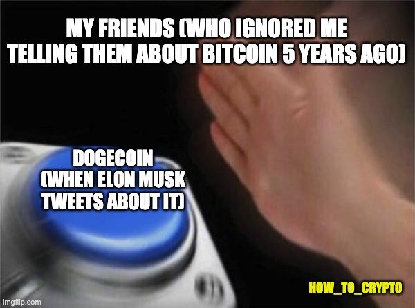 Crypto Friends | MY FRIENDS (WHO IGNORED ME TELLING THEM ABOUT BITCOIN 5 YEARS AGO); DOGECOIN (WHEN ELON MUSK TWEETS ABOUT IT); HOW_TO_CRYPTO | image tagged in memes,blank nut button,crypto,cryptocurrency | made w/ Imgflip meme maker