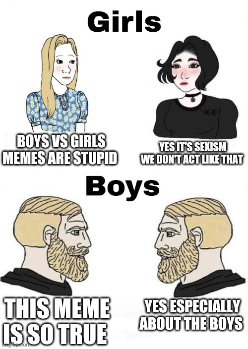 Boys vs girls memes are so true | BOYS VS GIRLS MEMES ARE STUPID; YES IT'S SEXISM WE DON'T ACT LIKE THAT; YES ESPECIALLY ABOUT THE BOYS; THIS MEME IS SO TRUE | image tagged in girls vs boys,boys vs girls | made w/ Imgflip meme maker