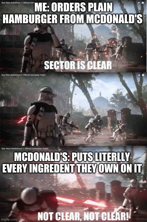 This why i hate McDonald's | ME: ORDERS PLAIN HAMBURGER FROM MCDONALD'S; MCDONALD'S: PUTS LITERLLY EVERY INGREDENT THEY OWN ON IT | image tagged in sector not clear | made w/ Imgflip meme maker