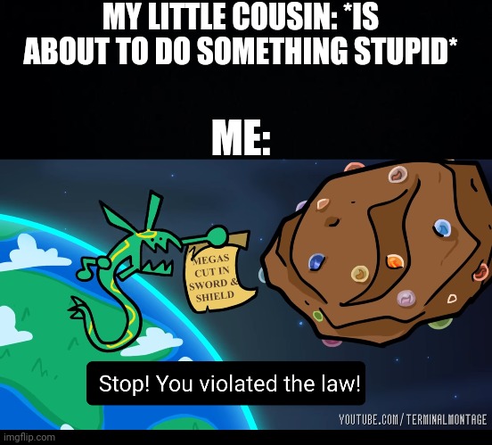 New meme | MY LITTLE COUSIN: *IS ABOUT TO DO SOMETHING STUPID*; ME: | image tagged in black background,stop you violated the law rayquaza,pokemon | made w/ Imgflip meme maker