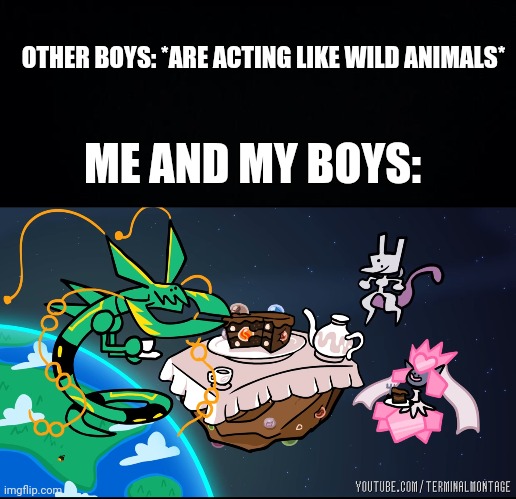 Mega evolution Terminal Montage meme 2 | OTHER BOYS: *ARE ACTING LIKE WILD ANIMALS*; ME AND MY BOYS: | image tagged in black background,teatime with mega rayquaza mega diancie and mewtwo,pokemon | made w/ Imgflip meme maker
