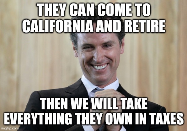 Scheming Gavin Newsom  | THEY CAN COME TO CALIFORNIA AND RETIRE THEN WE WILL TAKE EVERYTHING THEY OWN IN TAXES | image tagged in scheming gavin newsom | made w/ Imgflip meme maker