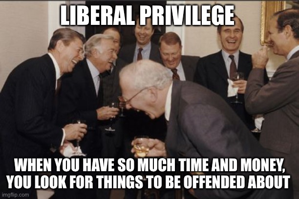 Laughing Men In Suits Meme | LIBERAL PRIVILEGE WHEN YOU HAVE SO MUCH TIME AND MONEY, YOU LOOK FOR THINGS TO BE OFFENDED ABOUT | image tagged in memes,laughing men in suits | made w/ Imgflip meme maker