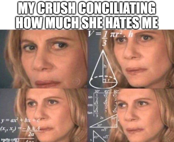 Math lady/Confused lady | MY CRUSH CONCILIATING HOW MUCH SHE HATES ME | image tagged in math lady/confused lady | made w/ Imgflip meme maker