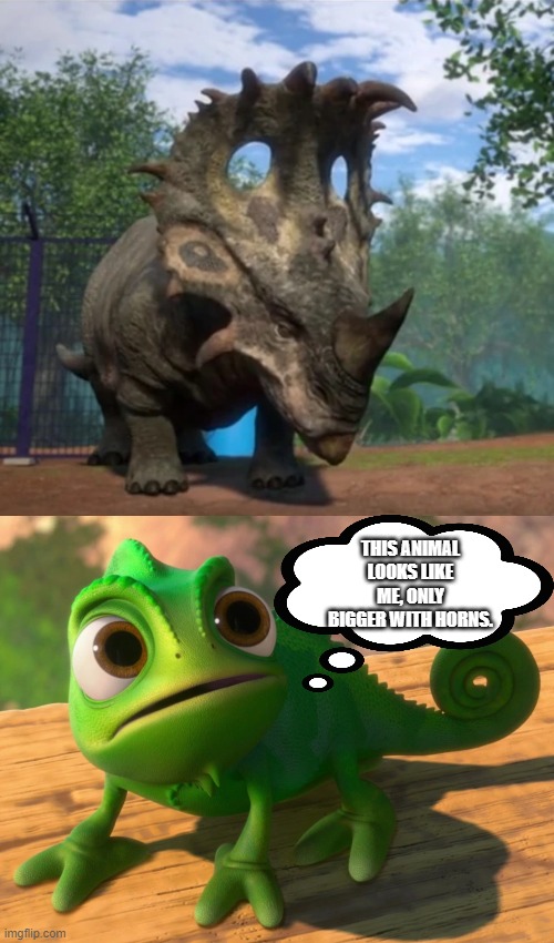 Pascal Meets Sinoceratops | THIS ANIMAL LOOKS LIKE ME, ONLY BIGGER WITH HORNS. | image tagged in jurassic world,dinosaurs,tangled,jurassic park | made w/ Imgflip meme maker