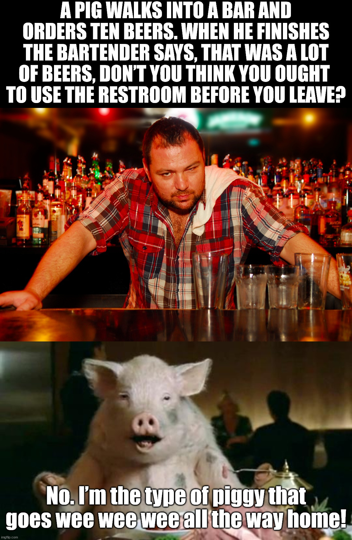 A PIG WALKS INTO A BAR AND ORDERS TEN BEERS. WHEN HE FINISHES THE BARTENDER SAYS, THAT WAS A LOT OF BEERS, DON’T YOU THINK YOU OUGHT 
TO USE THE RESTROOM BEFORE YOU LEAVE? No. I’m the type of piggy that goes wee wee wee all the way home! | image tagged in annoyed bartender,pig eats ham,eyeroll | made w/ Imgflip meme maker