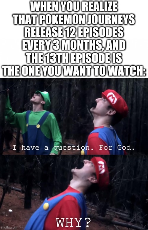 I wanted to watch it so badly | WHEN YOU REALIZE THAT POKEMON JOURNEYS RELEASE 12 EPISODES EVERY 3 MONTHS, AND THE 13TH EPISODE IS THE ONE YOU WANT TO WATCH: | image tagged in i have a question for god | made w/ Imgflip meme maker