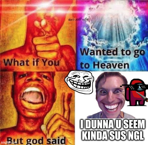 What if you wanted to go to heaven? | I DUNNA U SEEM KINDA SUS NGL | image tagged in what if you wanted to go to heaven | made w/ Imgflip meme maker