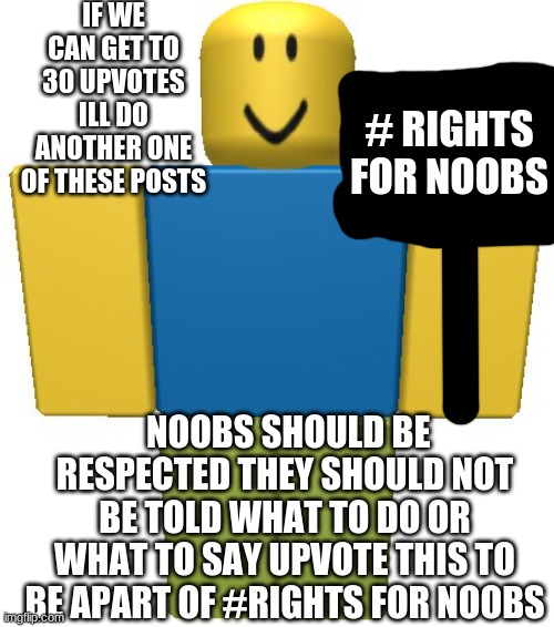 #rights for noobs | IF WE CAN GET TO 30 UPVOTES ILL DO ANOTHER ONE OF THESE POSTS; # RIGHTS FOR NOOBS; NOOBS SHOULD BE RESPECTED THEY SHOULD NOT BE TOLD WHAT TO DO OR WHAT TO SAY UPVOTE THIS TO BE APART OF #RIGHTS FOR NOOBS | image tagged in roblox noob,roblox | made w/ Imgflip meme maker