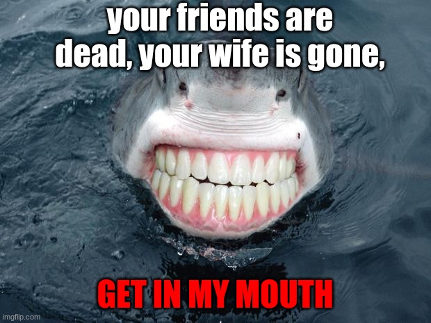 was it supposed to rhyme? tell that to the shark | your friends are dead, your wife is gone, GET IN MY MOUTH | image tagged in sharkteeth | made w/ Imgflip meme maker