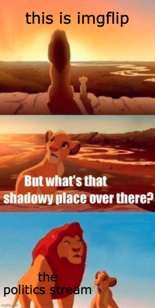 lol i hate that stream xd | this is imgflip; the politics stream | image tagged in memes,simba shadowy place,barney will eat all of your delectable biscuits | made w/ Imgflip meme maker