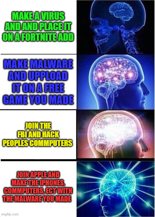 Virus on the internet guide | MAKE A VIRUS AND AND PLACE IT ON A FORTNITE ADD; MAKE MALWARE AND UPPLOAD IT ON A FREE GAME YOU MADE; JOIN THE FBI AND HACK PEOPLES COMMPUTERS; JOIN APPLE AND MAKE THE IPHONES, COMMPUTERS, ECT WITH THE MALWARE YOU MADE | image tagged in memes,expanding brain,dank memes,fbi,apple,hackers | made w/ Imgflip meme maker