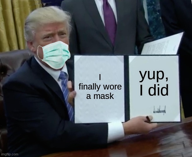 I wore a mask | I finally wore a mask; yup, I did | image tagged in memes,trump bill signing | made w/ Imgflip meme maker