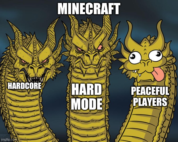Three-headed Dragon | MINECRAFT; HARDCORE; HARD MODE; PEACEFUL PLAYERS | image tagged in three-headed dragon | made w/ Imgflip meme maker