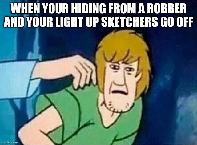 Scooby Doo Shaggy  | WHEN YOUR HIDING FROM A ROBBER AND YOUR LIGHT UP SKETCHERS GO OFF | image tagged in scooby doo shaggy | made w/ Imgflip meme maker