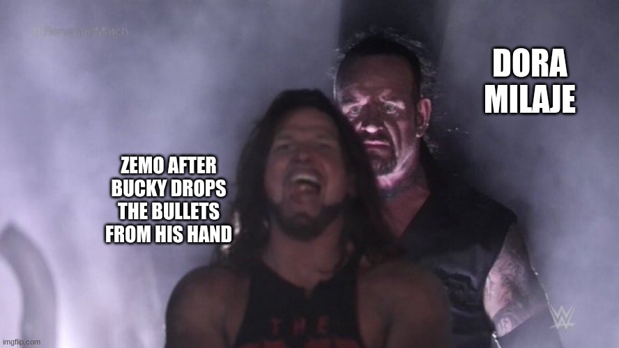 Falcon and Winter Soldier eps. 5 | DORA MILAJE; ZEMO AFTER BUCKY DROPS THE BULLETS FROM HIS HAND | image tagged in aj styles undertaker | made w/ Imgflip meme maker