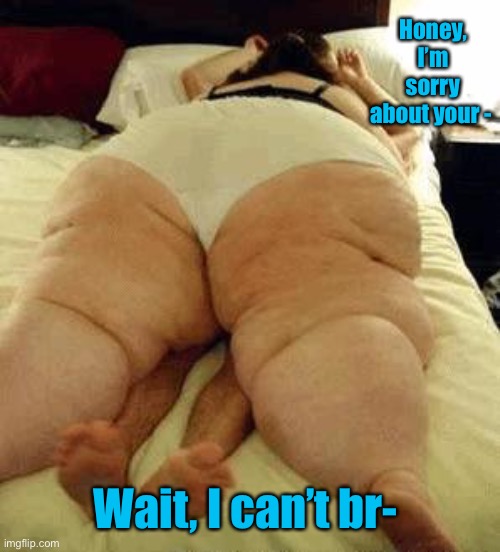 fat woman | Honey, I’m sorry about your - Wait, I can’t br- | image tagged in fat woman | made w/ Imgflip meme maker