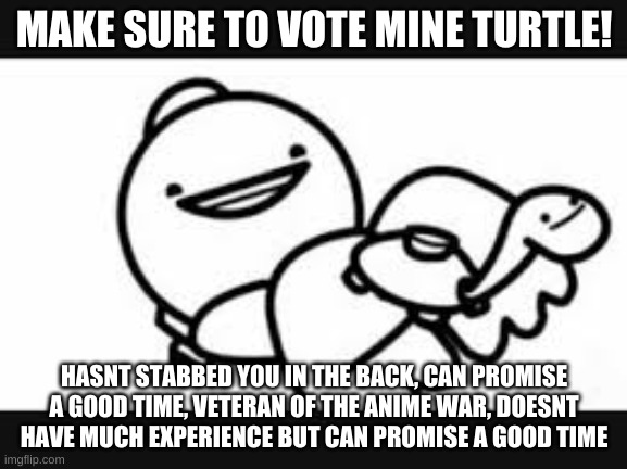 also a crusader who helped get rid of the nsfw furry stream and has been helpful and has negotiated with many others | MAKE SURE TO VOTE MINE TURTLE! HASNT STABBED YOU IN THE BACK, CAN PROMISE A GOOD TIME, VETERAN OF THE ANIME WAR, DOESNT HAVE MUCH EXPERIENCE BUT CAN PROMISE A GOOD TIME | image tagged in yes | made w/ Imgflip meme maker