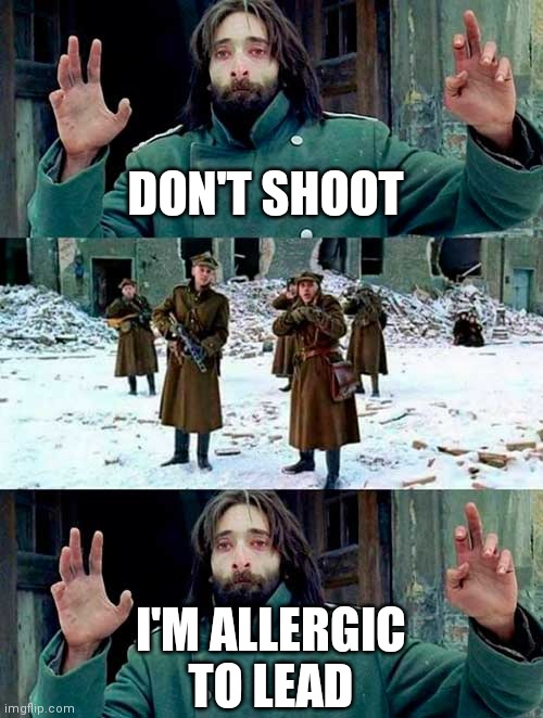 Don't shoot | DON'T SHOOT I'M ALLERGIC TO LEAD | image tagged in don't shoot | made w/ Imgflip meme maker