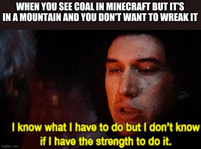 I know what I have to do but I don’t know if I have the strength | WHEN YOU SEE COAL IN MINECRAFT BUT IT'S IN A MOUNTAIN AND YOU DON'T WANT TO WREAK IT | image tagged in i know what i have to do but i don t know if i have the strength | made w/ Imgflip meme maker