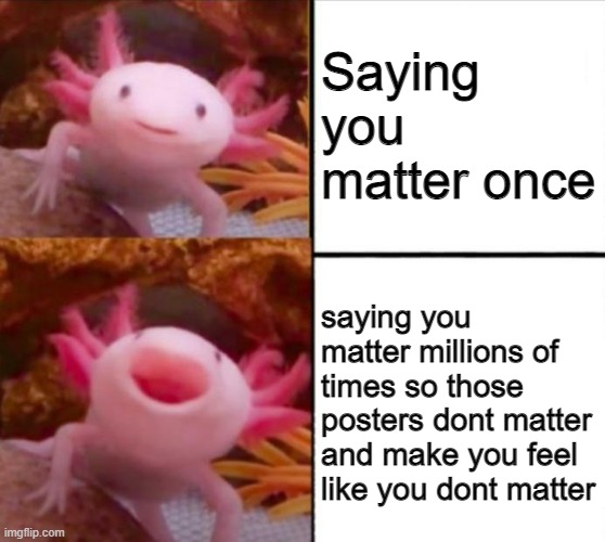 "you matter" | Saying you matter once; saying you matter millions of times so those posters dont matter and make you feel like you dont matter | image tagged in axolotl drake | made w/ Imgflip meme maker