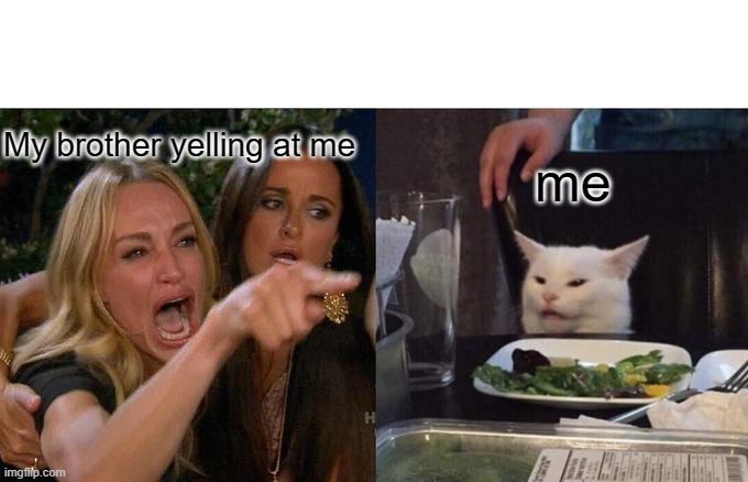 Title are useless nobody reads them | My brother yelling at me; me | image tagged in memes,woman yelling at cat | made w/ Imgflip meme maker