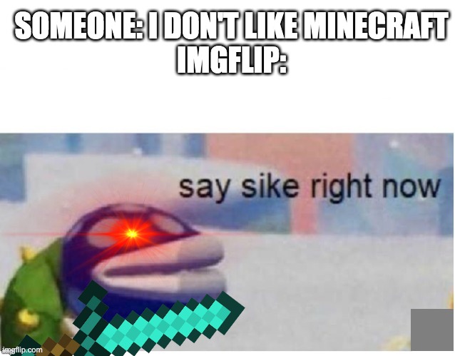 Imgflip in a nutshell.... Lol | SOMEONE: I DON'T LIKE MINECRAFT
IMGFLIP: | image tagged in say sike right now | made w/ Imgflip meme maker