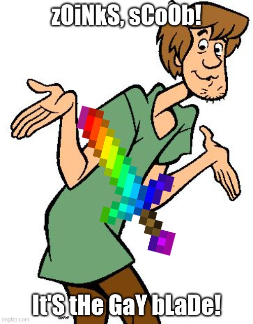 go away gay blade |  zOiNkS, sCoOb! It'S tHe GaY bLaDe! | image tagged in shaggy from scooby doo,memes | made w/ Imgflip meme maker