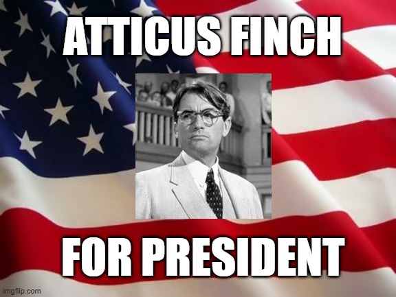 Atticus Finch for President | ATTICUS FINCH; FOR PRESIDENT | image tagged in american flag,atticus finch,president,election | made w/ Imgflip meme maker