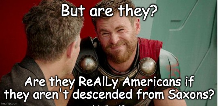 Thor is he though | But are they? Are they ReAlLy Americans if they aren't descended from Saxons? | image tagged in thor is he though | made w/ Imgflip meme maker