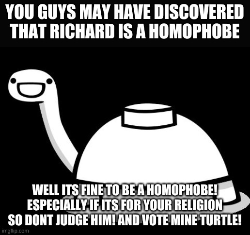 it doesnt matter what he likes and doesnt like, it matters how he acts :) | YOU GUYS MAY HAVE DISCOVERED THAT RICHARD IS A HOMOPHOBE; WELL ITS FINE TO BE A HOMOPHOBE! ESPECIALLY IF ITS FOR YOUR RELIGION SO DONT JUDGE HIM! AND VOTE MINE TURTLE! | image tagged in mine turtle hello | made w/ Imgflip meme maker