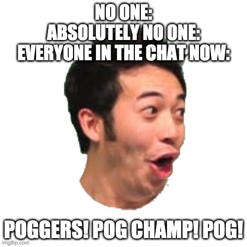 Everyone on Minecraft streams be like LOL | NO ONE:
ABSOLUTELY NO ONE:
EVERYONE IN THE CHAT NOW:; POGGERS! POG CHAMP! POG! | image tagged in poggers | made w/ Imgflip meme maker