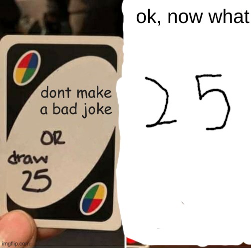 now wat | ok, now what; dont make a bad joke | image tagged in memes,uno draw 25 cards | made w/ Imgflip meme maker