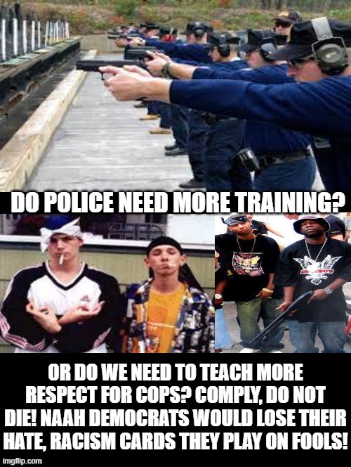 Who needs more training? | DO POLICE NEED MORE TRAINING? OR DO WE NEED TO TEACH MORE RESPECT FOR COPS? COMPLY, DO NOT DIE! NAAH DEMOCRATS WOULD LOSE THEIR HATE, RACISM CARDS THEY PLAY ON FOOLS! | image tagged in stupid liberals,morons,idiots,democrats,racism,racist | made w/ Imgflip meme maker